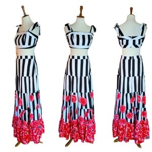 Blithe Two Piece Black‎ and White Stripe and Floral Skirt set